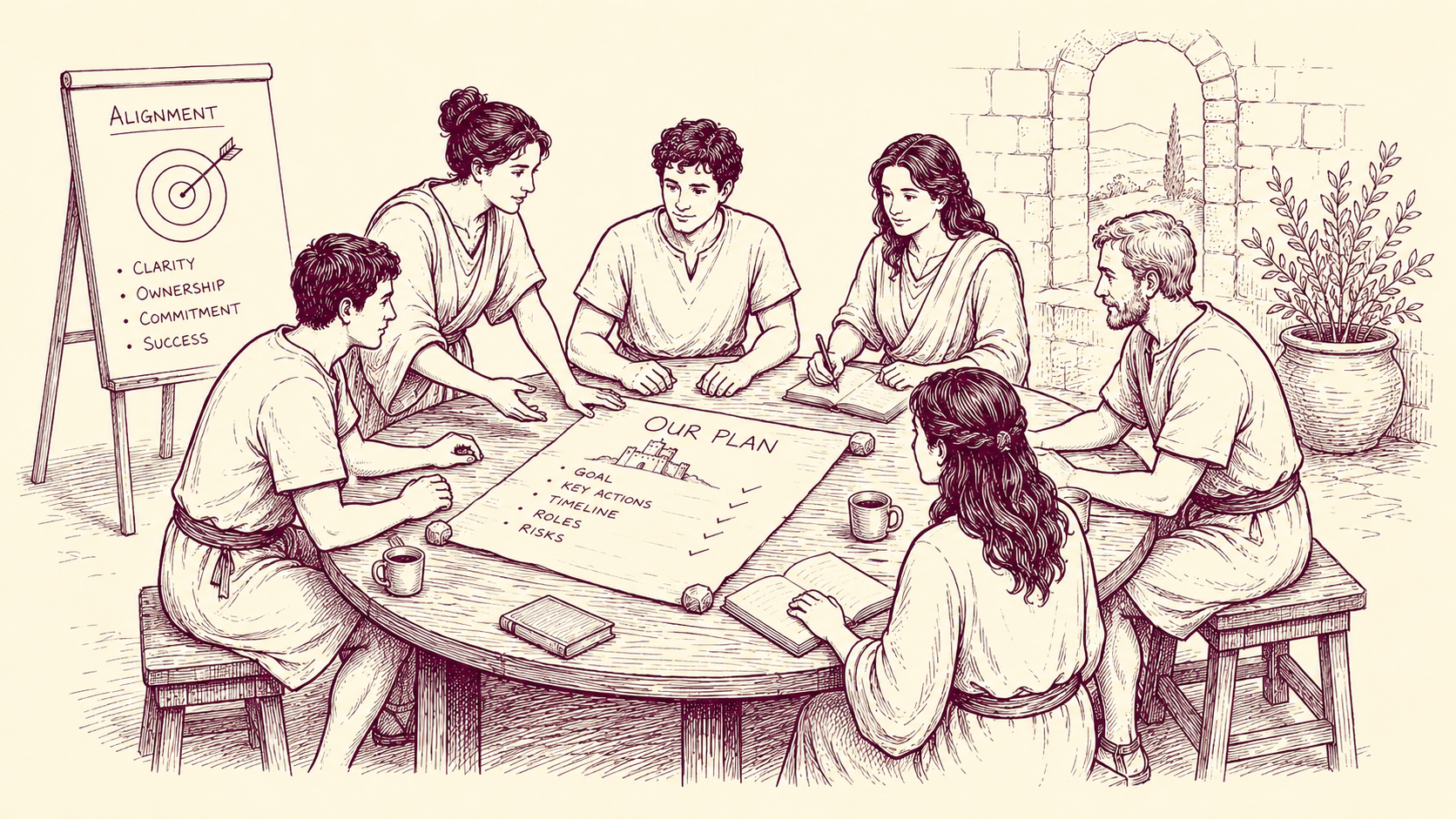 Team of colleagues gathered around a table discussing a handover plan — burgundy line-art illustration.