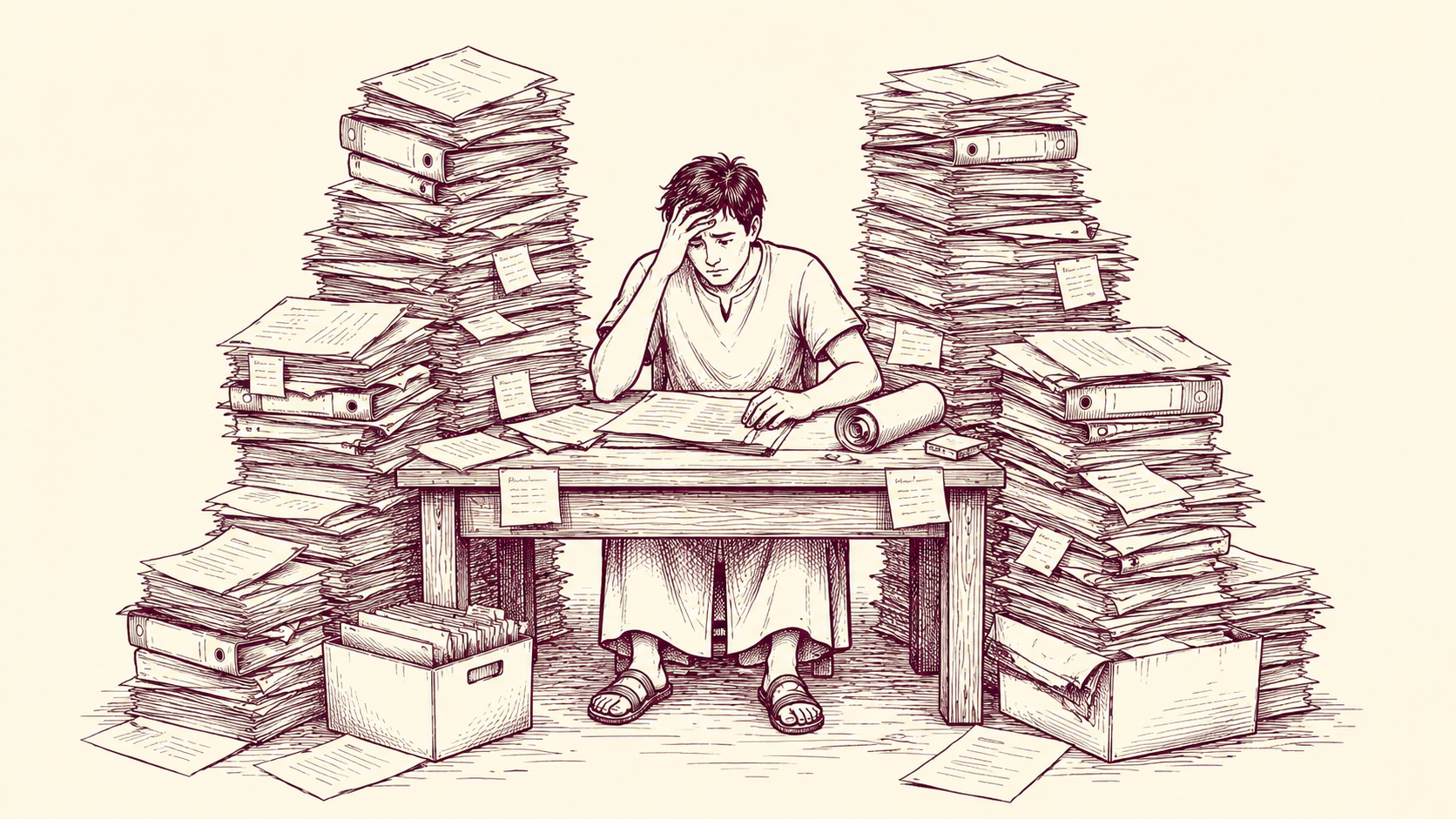 Professional at a desk between two towers of paperwork — burgundy line-art illustration.